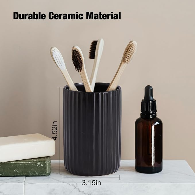 Black Toothbrush Holder, Ceramic Tooth Brush Holder Set, Ribbed Bathroom Cups - Image 2