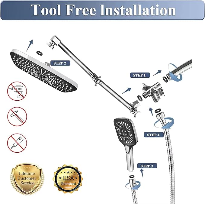 12 Inch Rain Shower Head with Handheld Spray Combo and Extention Arm, High - Image 2