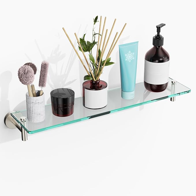 Glass Shelves for Bathroom, 16-Inch Brushed Nickel Floating Bathroom Shelf by HOMELIFE
