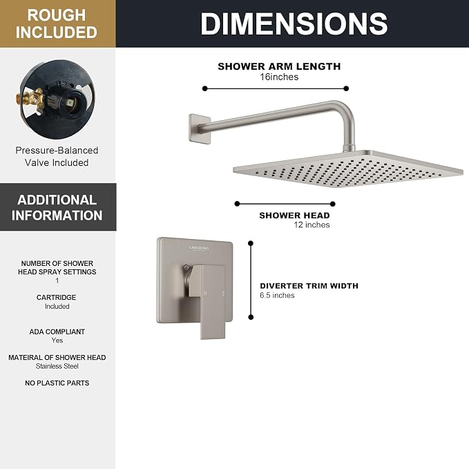 Lava Odoro 12-inch Modern Square Shower Faucet Set Brushed Nickel, Shower Trim - Image 7