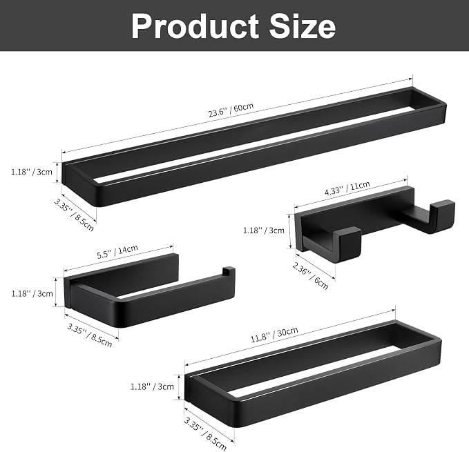 YACVCL 4-Piece Matte Black Bathroom Hardware Accessories Set, Bath Towel Bar - Image 6