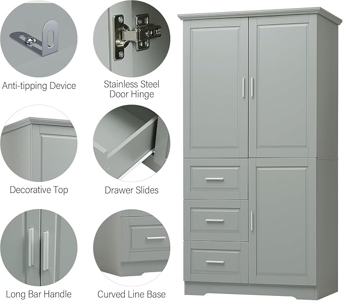 Tall Wide Storage Cabinet with 3 Doors, 3 Drawers, and Adjustable Shelves - Image 4