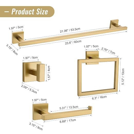 YACVCL Towel Bar Set, 5-Piece Brushed Gold Bathroom Hardware Set, SUS304 - Image 6