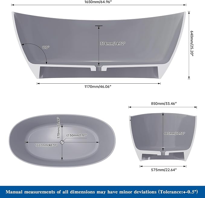 65" Premium Solid Surface Free Standing Bathtub, Upgraded Light Grey Design - Image 4