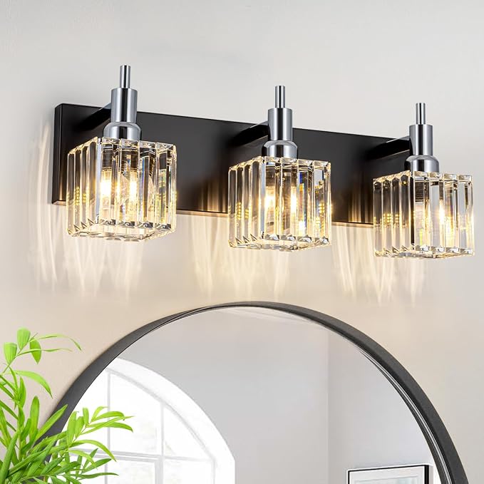 Black Chrome Bathroom Vanity Lights, Modern 3 Lights Crystal Bathroom Lighting by HUOKU