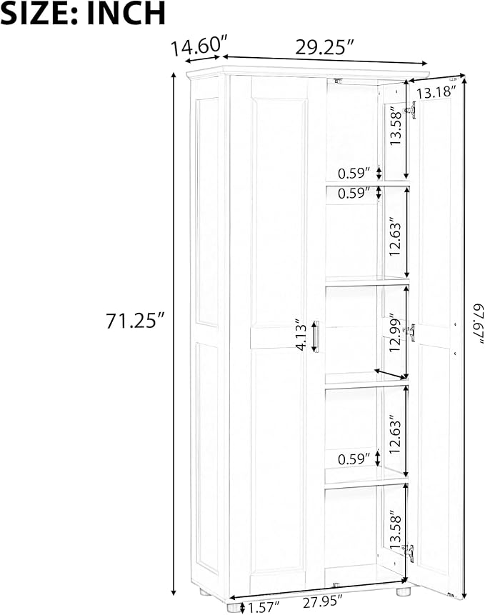 Tall Wide Storage Cabinet with 2 Doors and 4 Adjustable Shelves, Wood White - Image 2