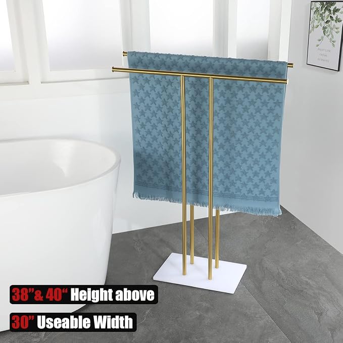 JQK Bath Towel Holder Stand Brushed Gold, 30 Inch Free Standing Double Towel - Image 3