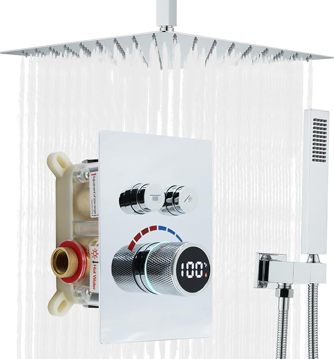 Digital Display Shower System Set 16 Inches Rain Fall Head Temperature Valve by Backnets