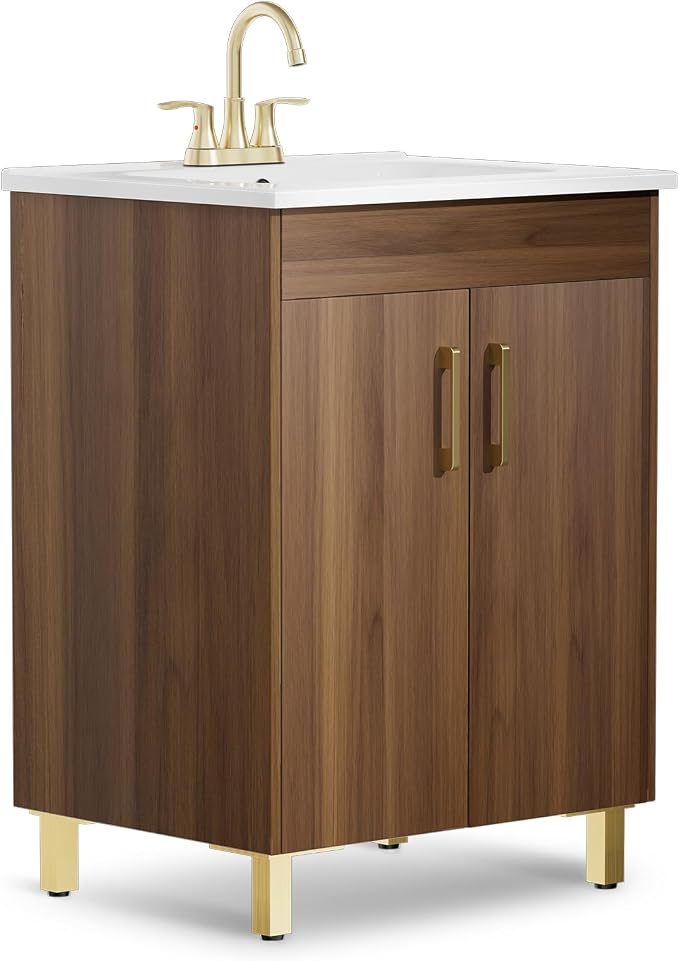 phiestina 24 Inch Walnut Small Bathroom Vanity, Fully Pre-Assembled Bathroom by Phiestina