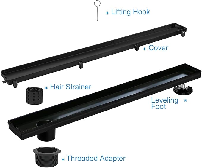 Offset Linear Shower Drain, Matte Black Shower Drain 24 inch - Image 2