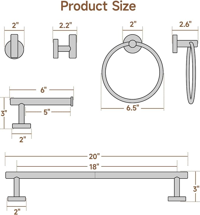 USHOWER Polished Chrome Bathroom Accessories Set, 18-Inch Towel Bar Set Wall - Image 7