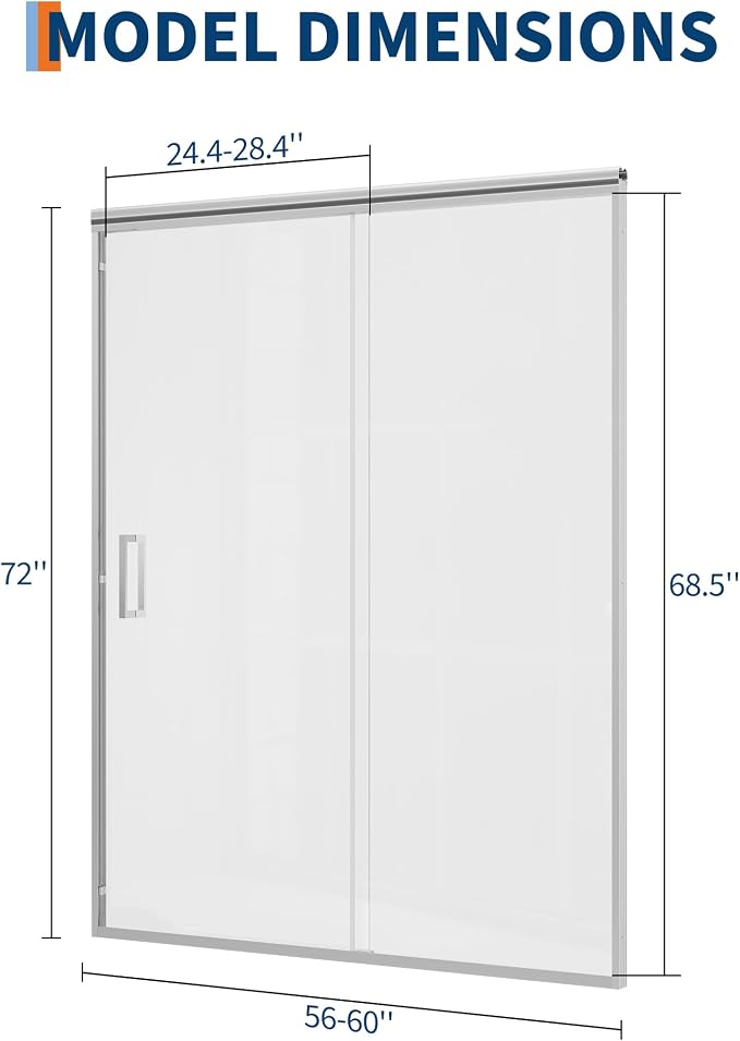 72" H x 56-60" W Semi-Frameless Shower Door, 1/4 Inch SGCC Tempered Glass - Image 2