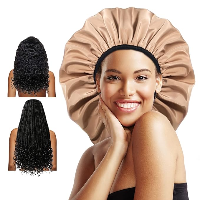 Auban Extra Large Shower Cap for Braids, Double-Layer Waterproof Reusable Satin by Auban