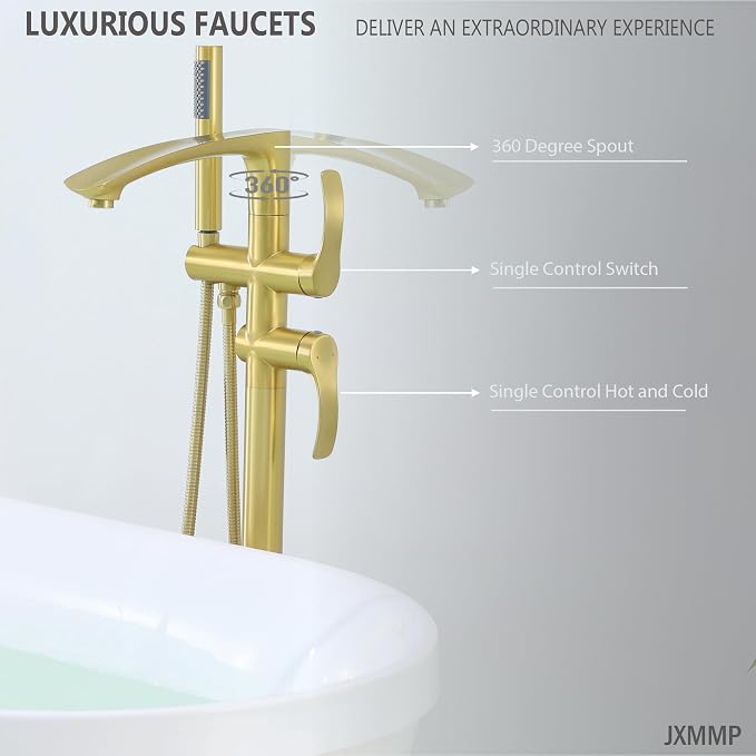 Free Standing Tub Faucet, Brushed Gold Floor Mount Bathtub Faucet - Image 4