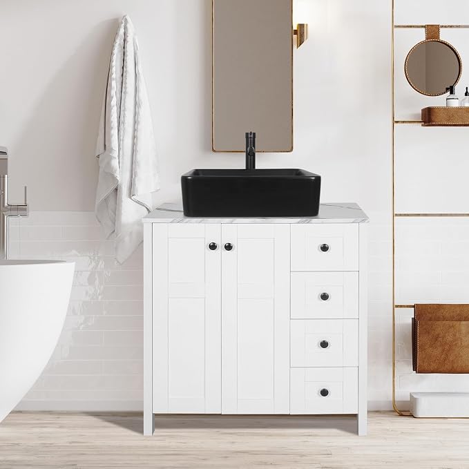 32" White Bathroom Vanity with Marble Texture Top and 4 Drawers, Modern by Solidee