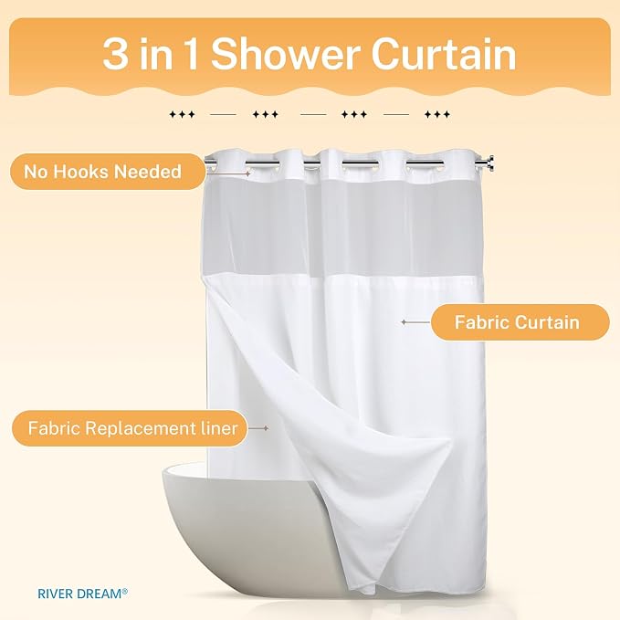 River Dream Heavyweight No Hooks Required Dotted Waffle Weave Shower Curtain - - Image 7