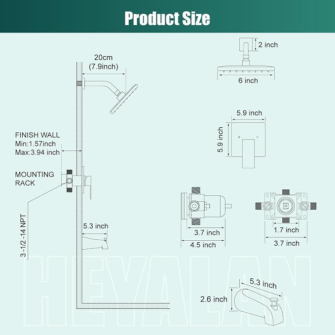 Heyalan Bathtub Shower Faucet Set, 6 Inch Square Trim Kit - Image 6
