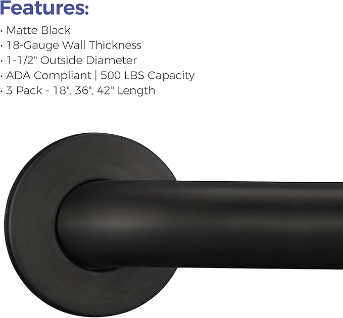 Grab Bar Bundle for ADA Compliance, Matte Black Stainless Steel Grab Bar Set - Image 5
