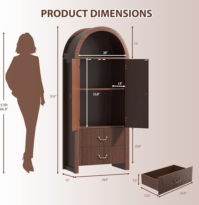 71" Tall Arched Kitchen Pantry, Wood Kitchen Storage Cabinet - Image 2