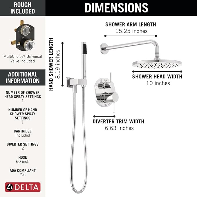 Delta Modern 14 Series Round Rain Shower System Faucet Set, Rainfall Chrome - Image 4