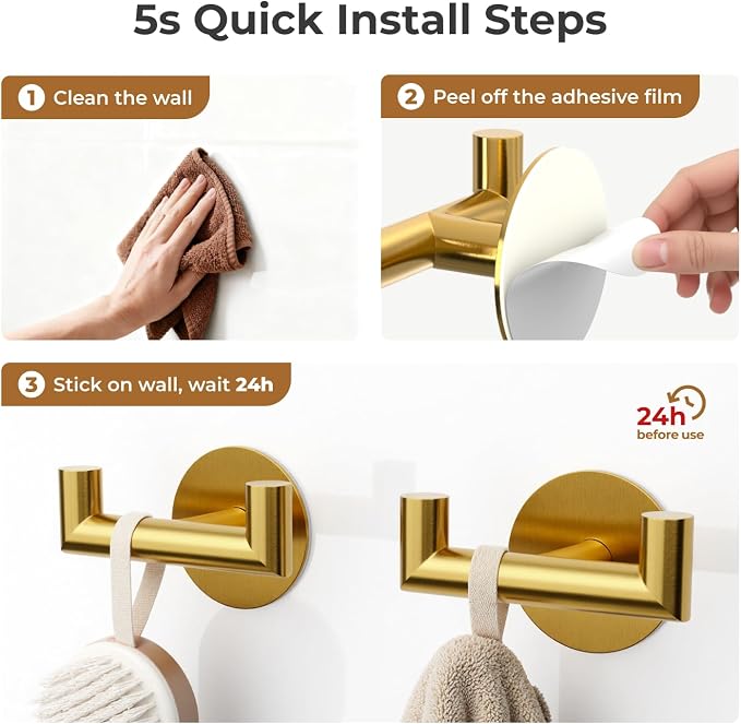 2 Pack Brushed Gold Bathroom Hooks - Image 6