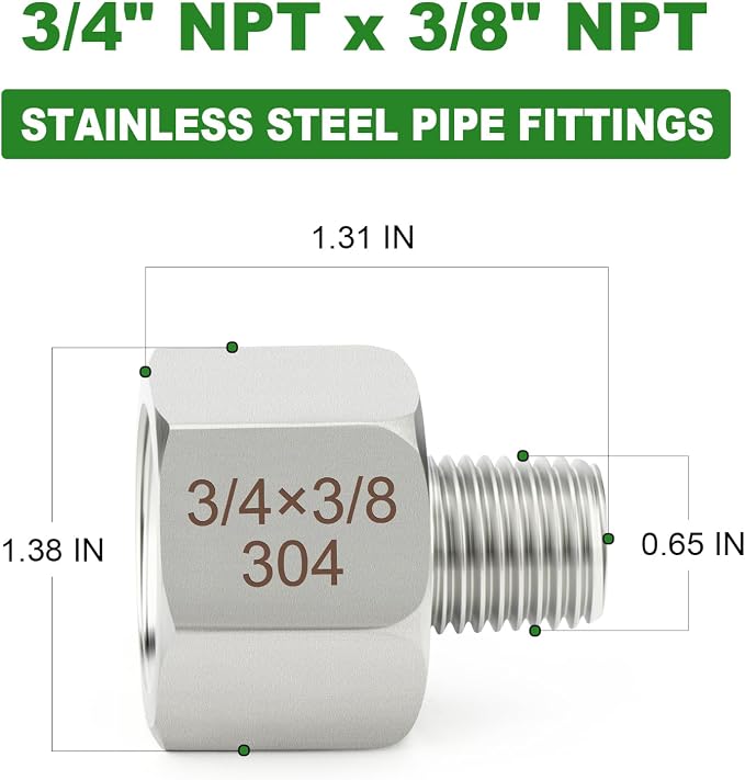 TAISHER 5PCS 304 Stainless Steel Pipe Fitting, New Reducer Adapter, 3/8" NPT - Image 2