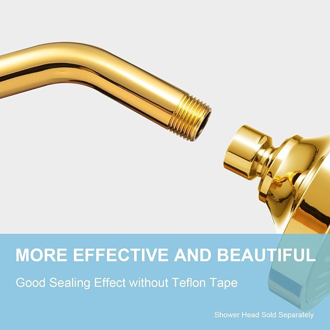 OFFO Shower Arm with Flange, 6 in Bright Gold Wall Mount Replacement Angle - Image 2