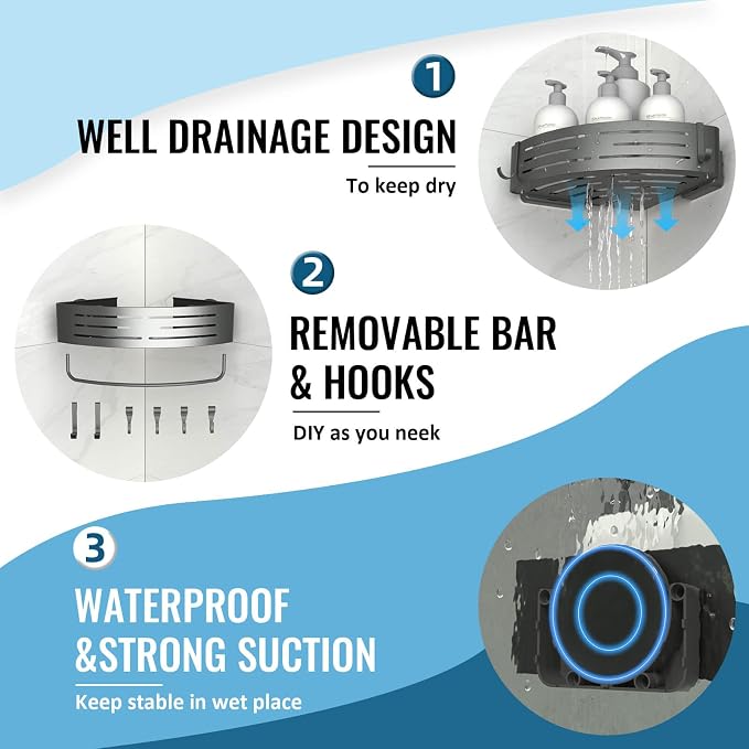 Onemake Corner Shower Caddy Suction Cup, Aluminum Wall Mounted Organizer - Image 4