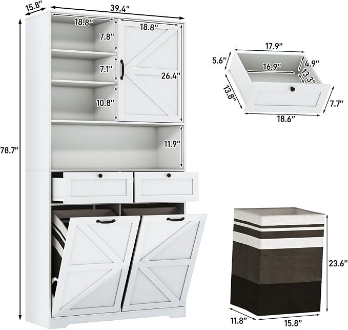 78" Tall Tilt-Out Double Doors Laundry Cabinet Hamper w Hidden Laundry Hamper - Image 2