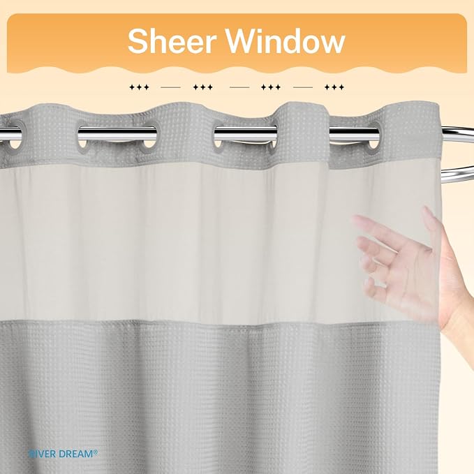 River Dream No Hooks Required Dotted Light Grey Shower Curtain - Image 4