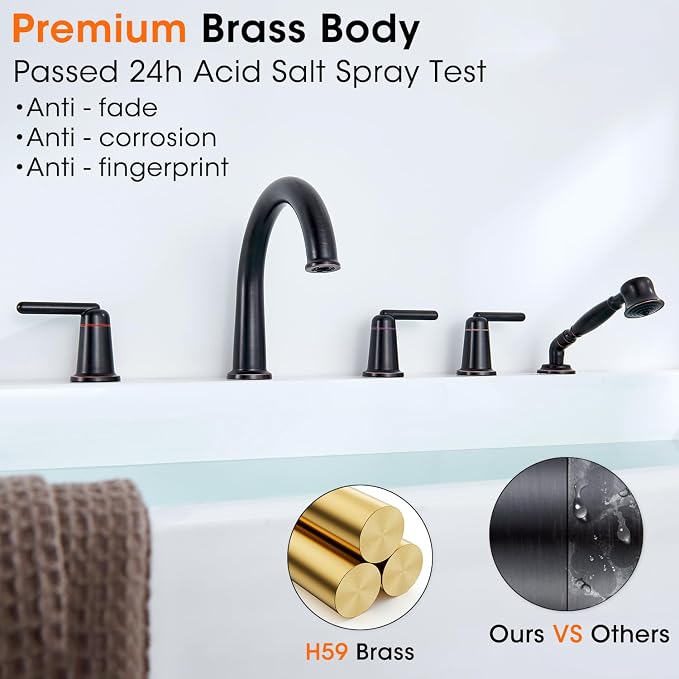 Roman Bath Tub Faucet Set with Sprayer, 5 Hole Widespread Deck Mount Bathtub - Image 9