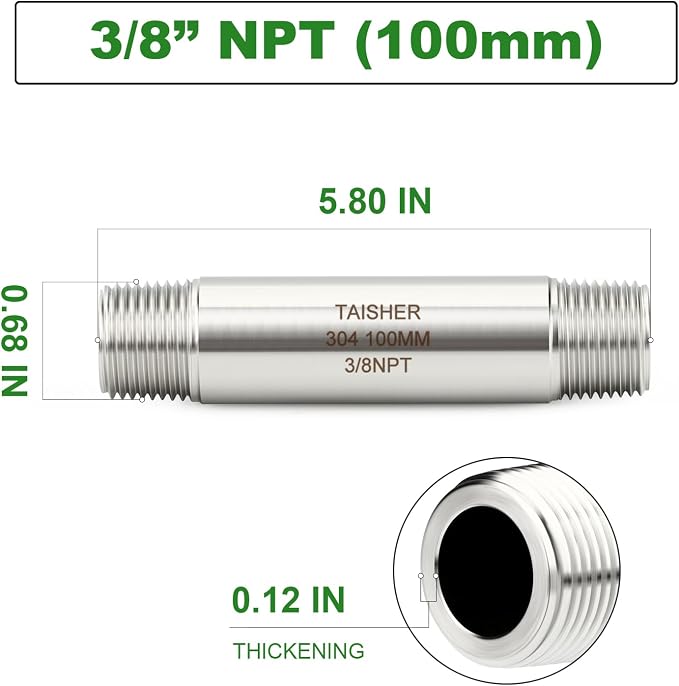 TAISHER 2PCS Stainless Steel Pipe Fittings, 3/8" NPT Male x 3/8" NPT Male - Image 2