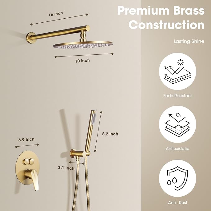 TRUSTMI Push Button Shower System, Brushed Brass Gold 10 Inch Rainfall Shower - Image 7