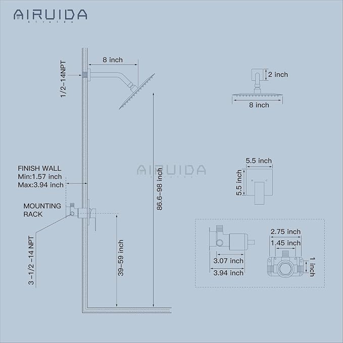 Airuida Shower Faucet Set Bathroom Rain Shower System SUS304 Stainless Steel - Image 6