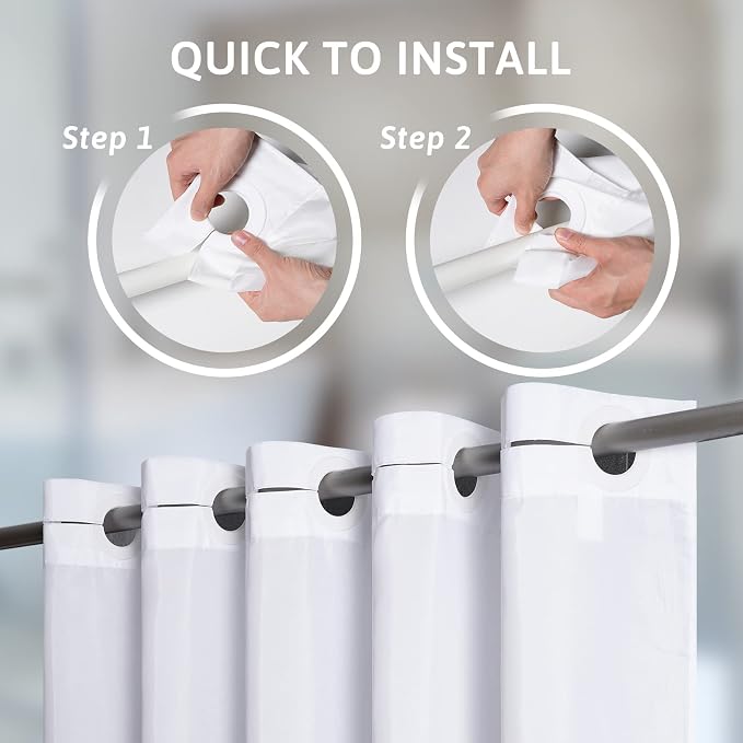 Furlinic White Shower Curtain No Hooks Needed, Polyester Fabric Long Shower - Image 2