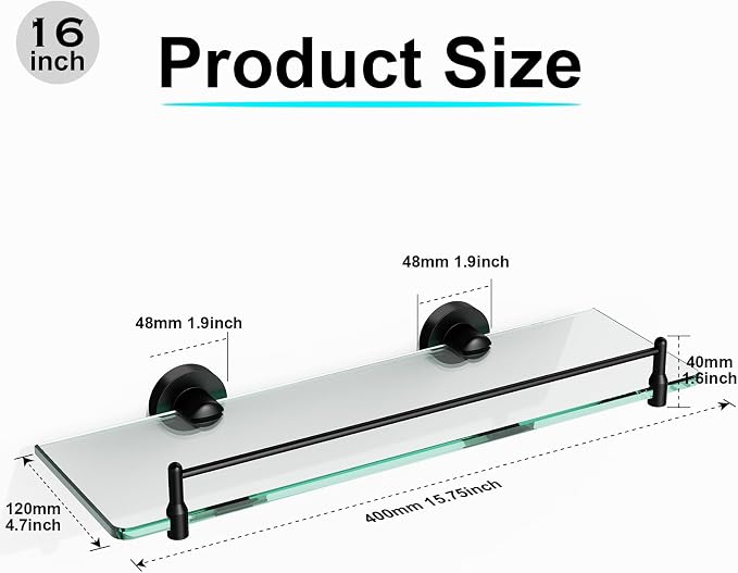 Glass Bathroom Shelves, Matte Black Floating Shelves - Image 3