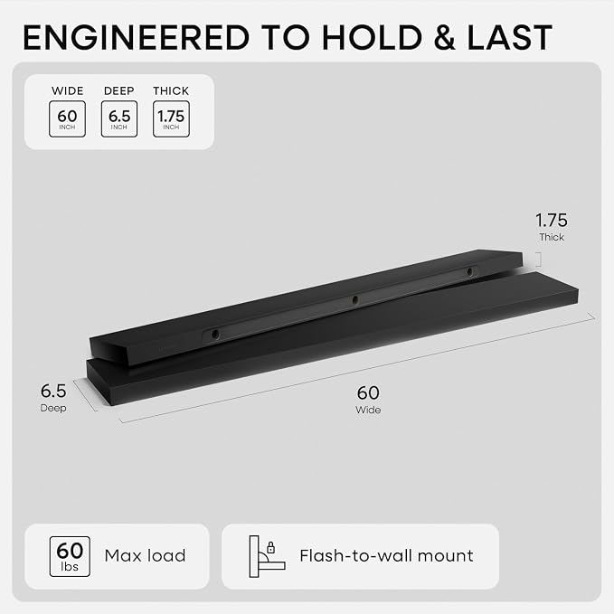 Homeforia Floating Black Shelf 60 inch, High End Solid Real Wood 60 inches Long - Image 3