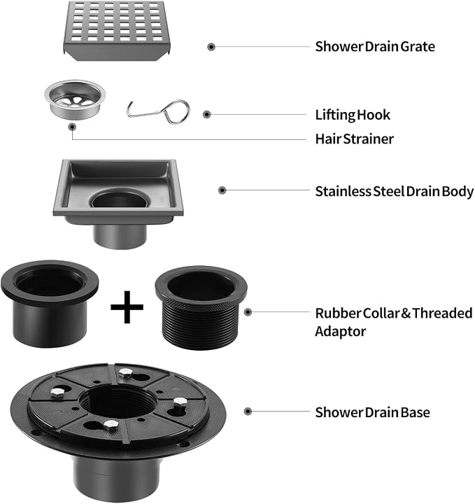 Shower Drain, Chrome 4 inch Square Shower Floor Drain - Image 2