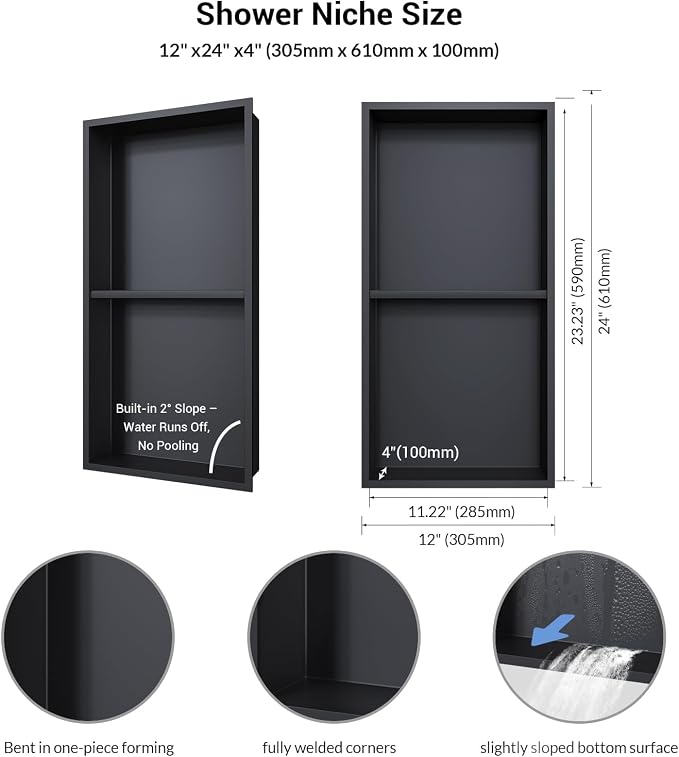 Shower Niche 12x24, Matte Black, No Tile Needed 304 Stainless Steel Recessed - Image 3