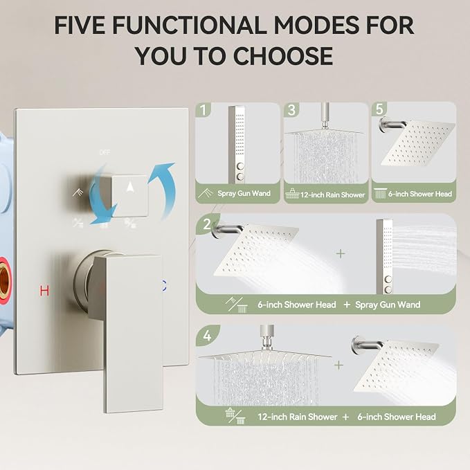 Shower Faucet Set Brushed Nickel Shower System, Bostingner Five Function - Image 4