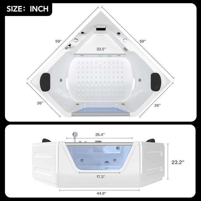 59'' x 59'' Corner Whirlpool Tub- Plastic Acrylic Bathtub - Image 2