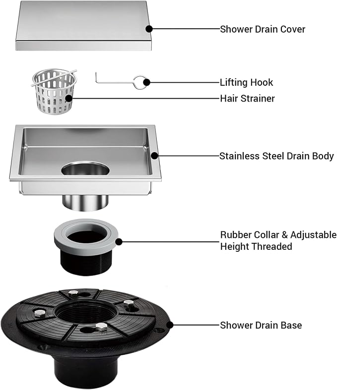 4 Inch Square Shower Floor Drain, Shower Drain Kit - Image 4