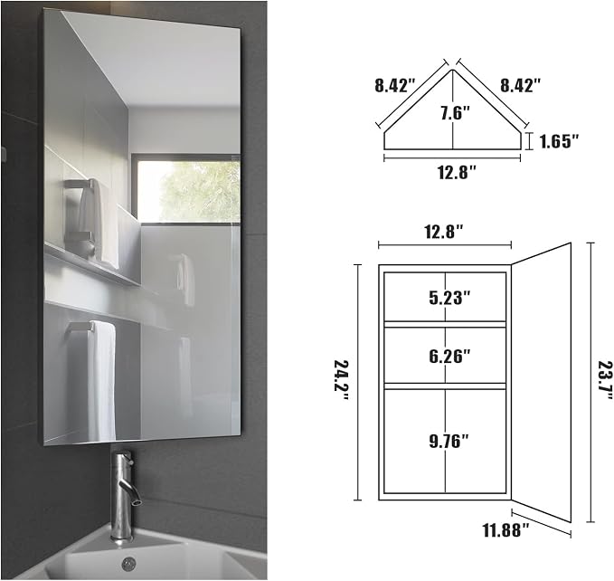 eclife 24" Bathroom Corner Medicine Cabinet W/Mirror, Single Door Bathroom - Image 3