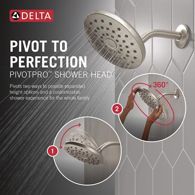 Delta PivotPro Brushed Nickel Rain Showerhead, Single Setting 7 Inch Round - Image 2