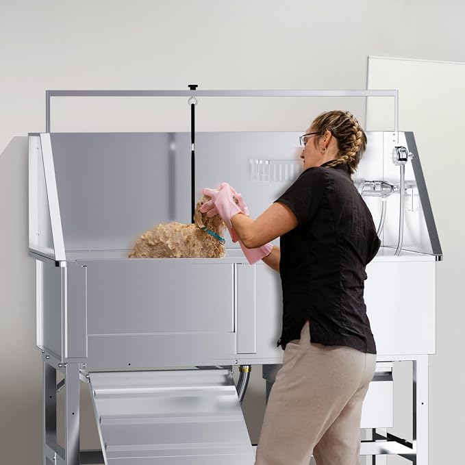 46" Dog Washing Station, Professional Stainless Steel Dog Bathtub w/Ramp & - Image 7
