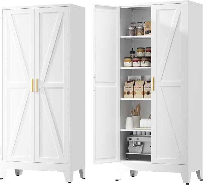 Metal Cabinets with Barn Doors and Adjustable Shelves, 5-Tier Storage Cupboard by YNIQUESTLEMetalCabinet
