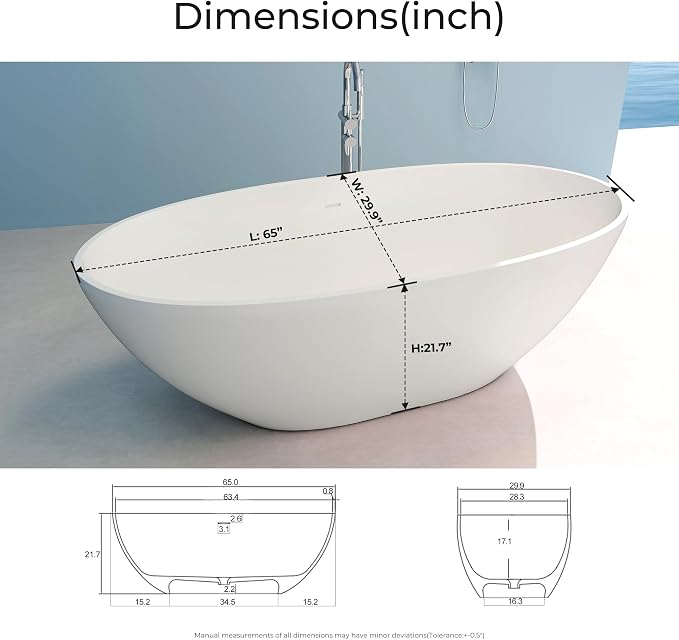 Upgraded 65" Solid Surface Freestanding Bathtub, Oval Stone Resin Tub - Image 5