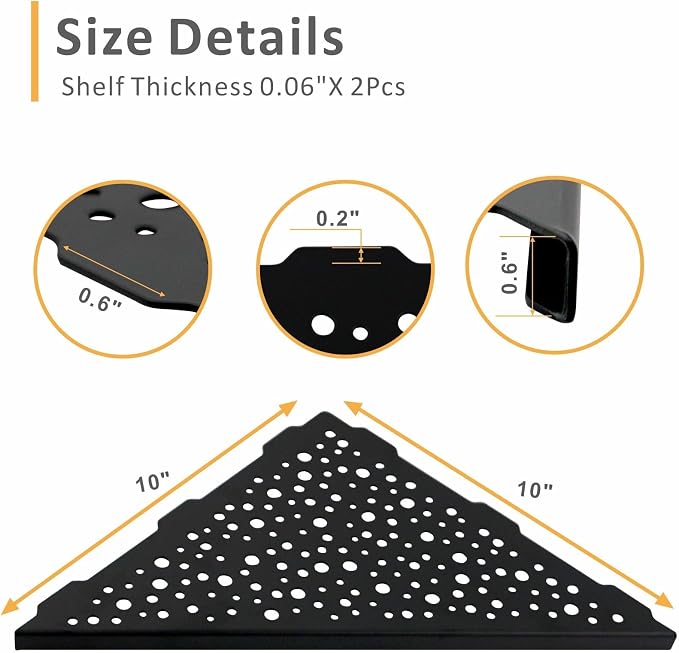 Black 10’’ Corner Shower Shelf 2 Pack, Triangular Shower Corner Shelves 304 - Image 2