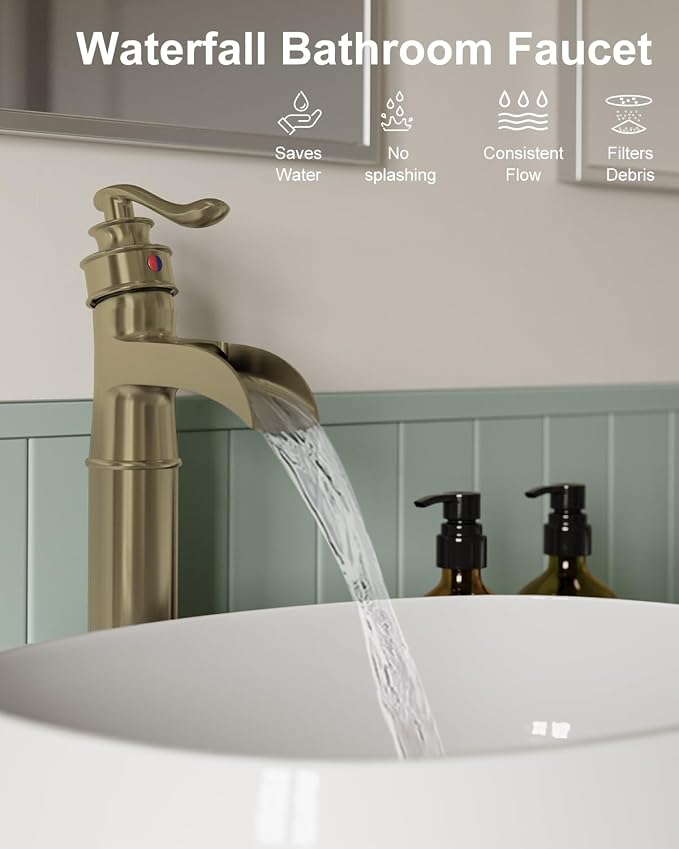 BWE Vessel Sink Faucet Brushed Gold Waterfall Bathroom Sink Faucet Single - Image 4