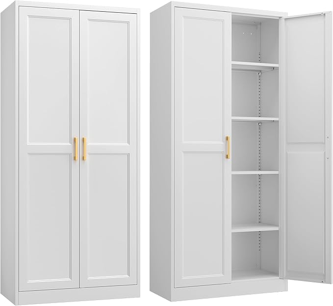 Kitchen Pantry Cabinet, 71”White Metal Pantry Storage Cabinet by Steeloong